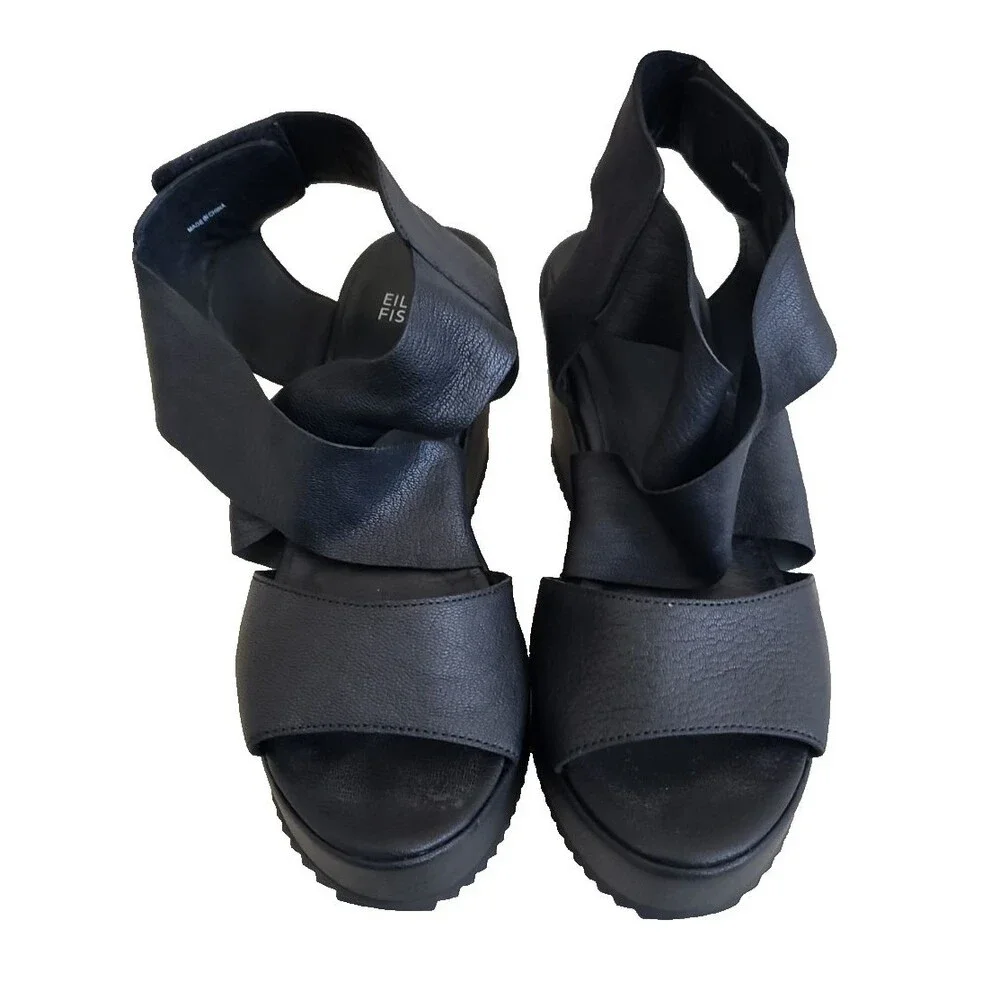 Eileen Fisher Whimsy Sandals Black Leather Almond Open Toe Platform Wedge Sz 8.5